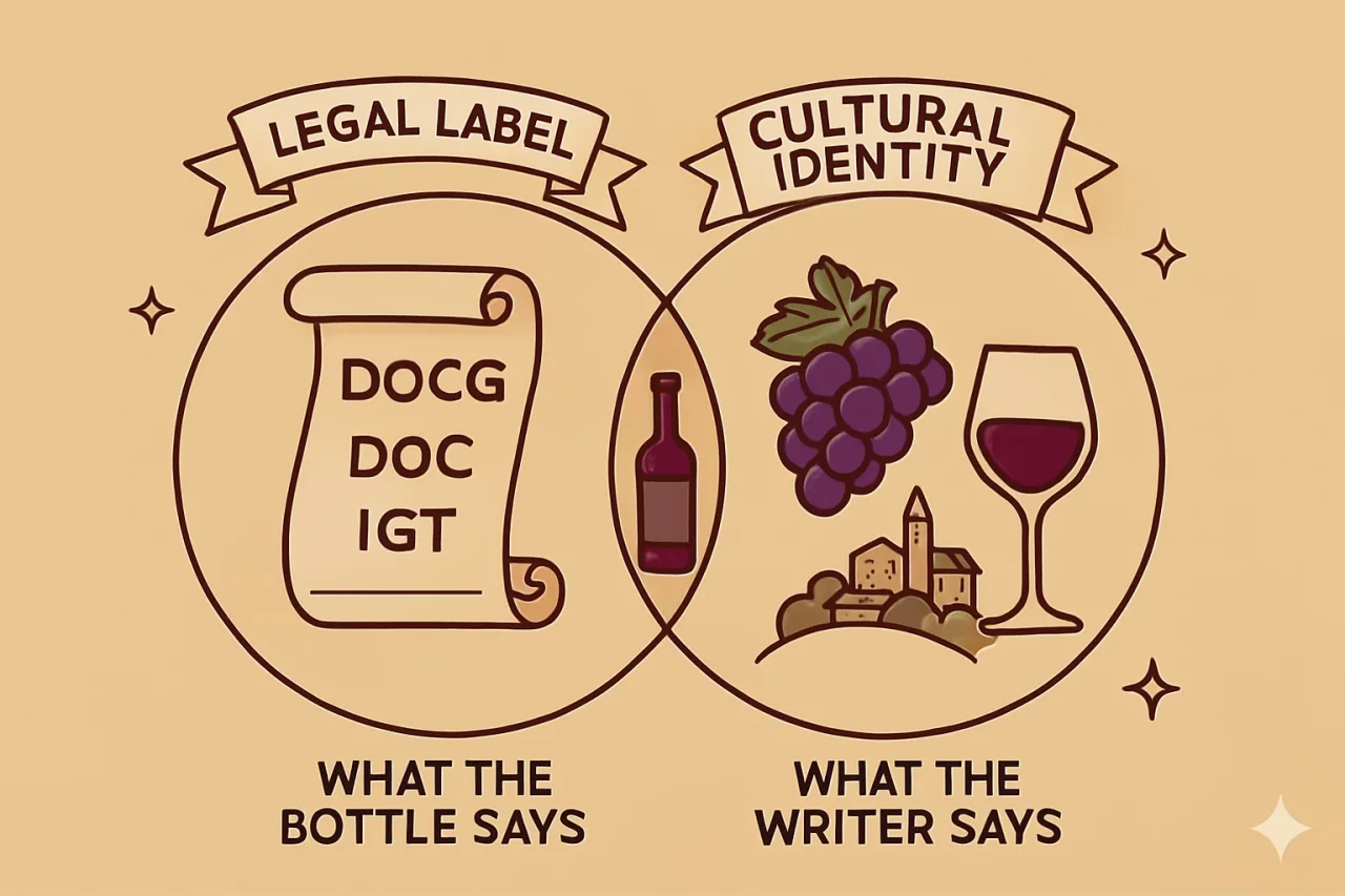 Two overlapping circles labelled Legal Label and Cultural Identity, illustrating the two orthogonal axes of Italian wine geography