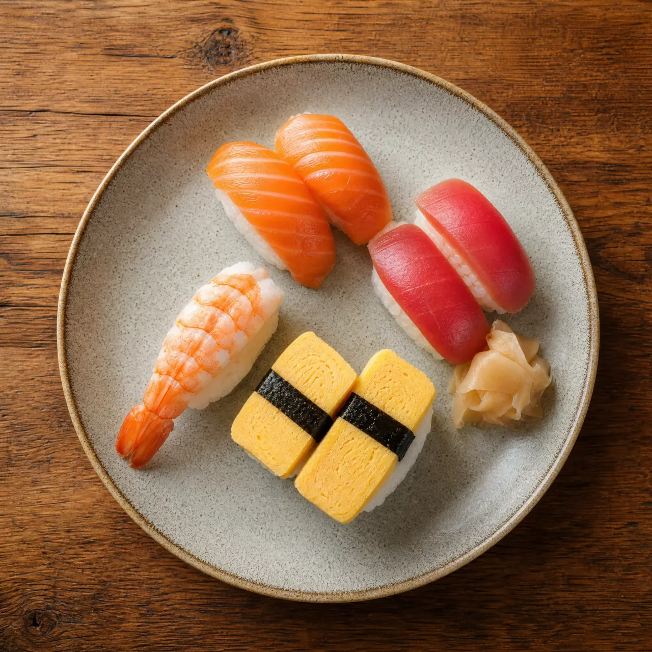 Japanese nigiri sushi with salmon, tuna, prawn and tamago on a wooden table