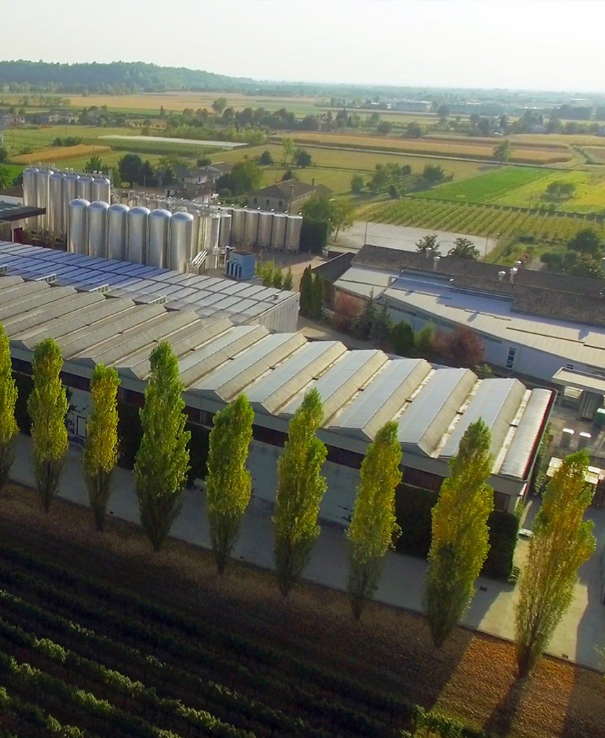 The La Gioiosa winery buildings at Crocetta del Montello from the air