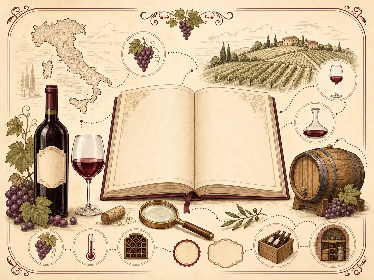 Hand-drawn Italian wine learning guide with notebook, bottle, glass, map, vineyard, and grapes