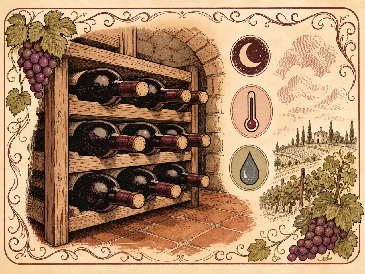 Hand-drawn wine storage guide with cellar rack, bottles, thermometer, humidity icon, and vineyard