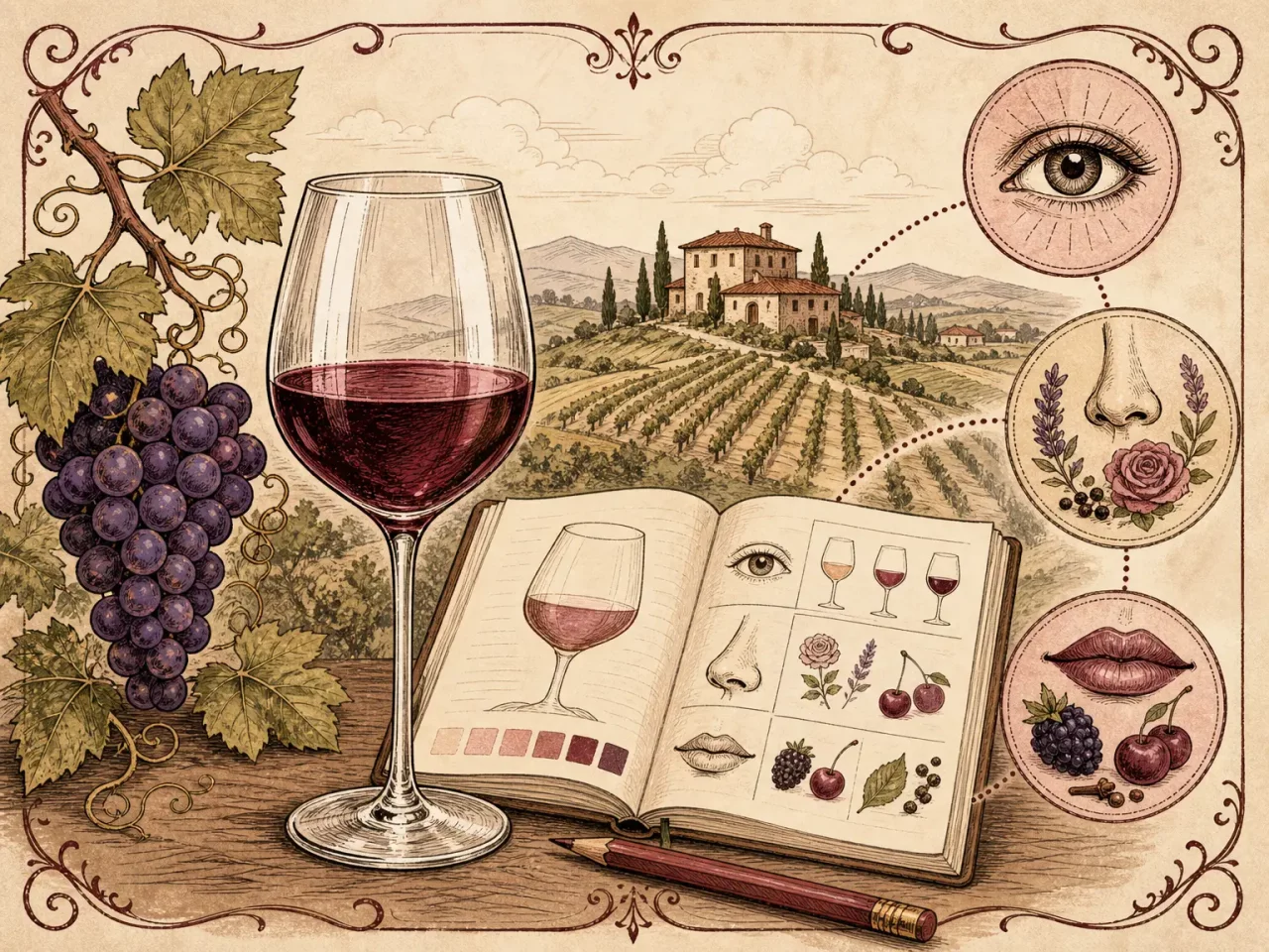 Hand-drawn Italian wine tasting guide with glass, notebook, grapes, and sensory icons