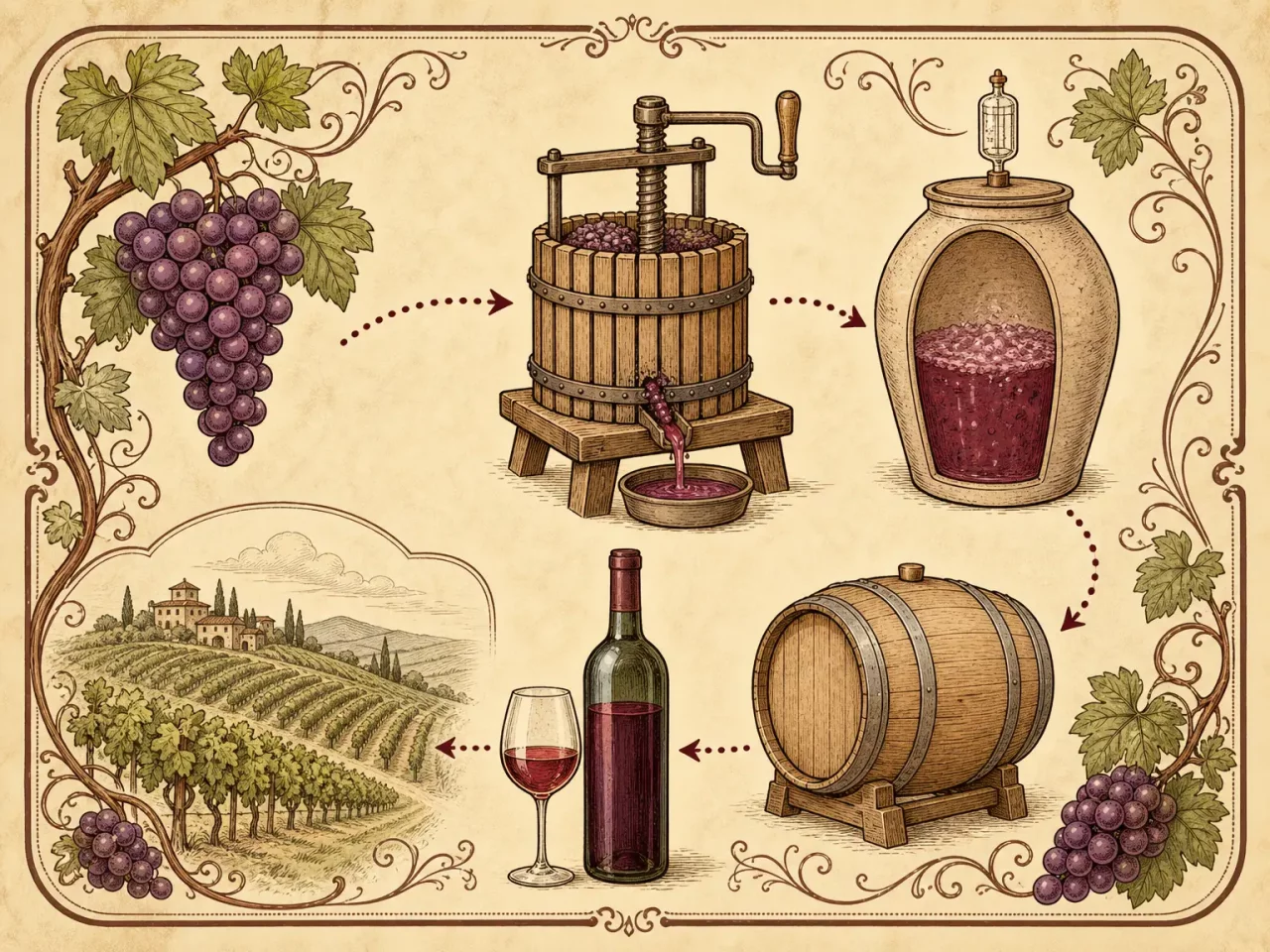 Hand-drawn Italian winemaking guide with grape press, barrel, bottle, and vineyard