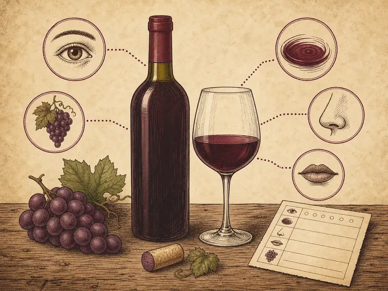 Wine bottle and glass connected to five trait icons