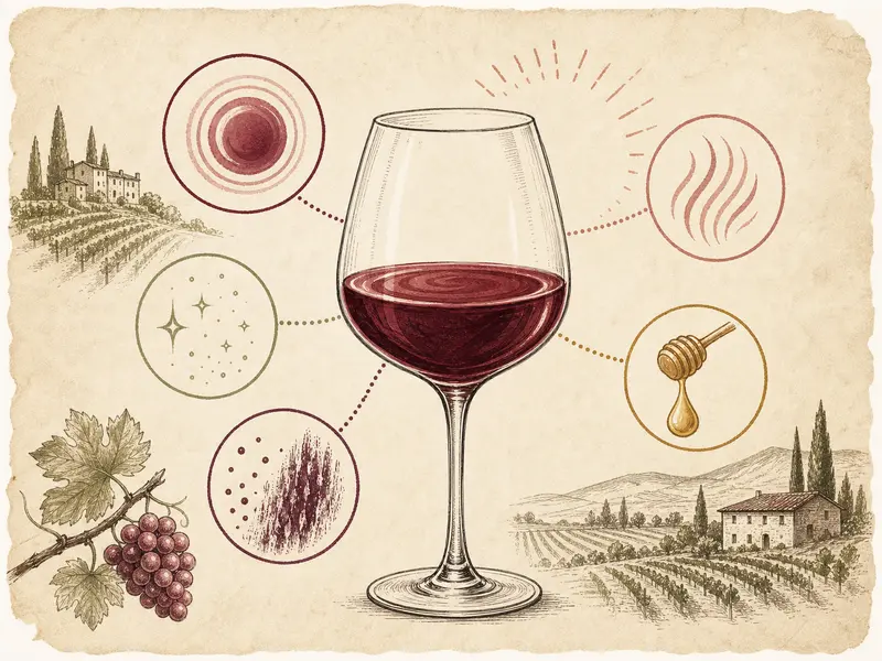 Wine glass with icons for body, acidity, tannin, sweetness, and alcohol