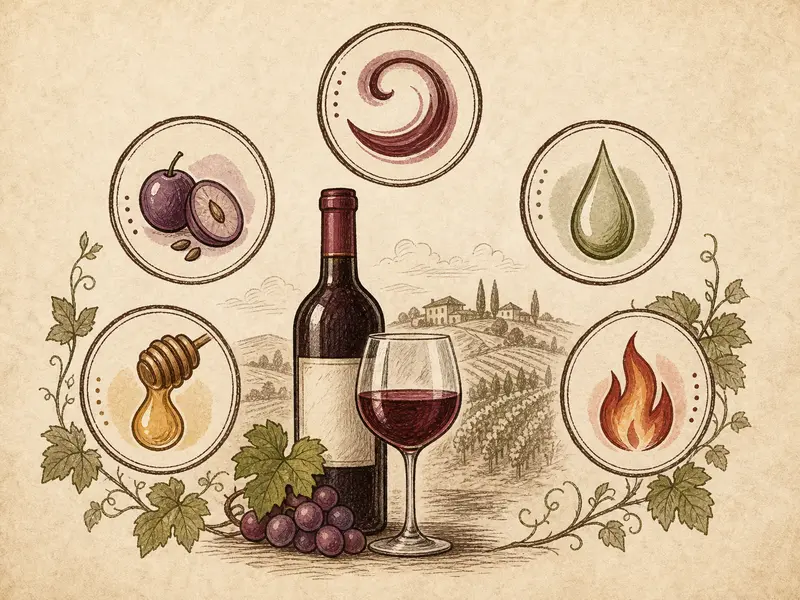 Wine bottle and glass surrounded by five wine trait icons