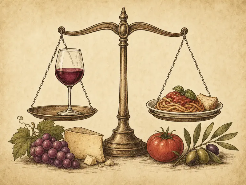 Scale balancing wine glass with Italian food pairing plate