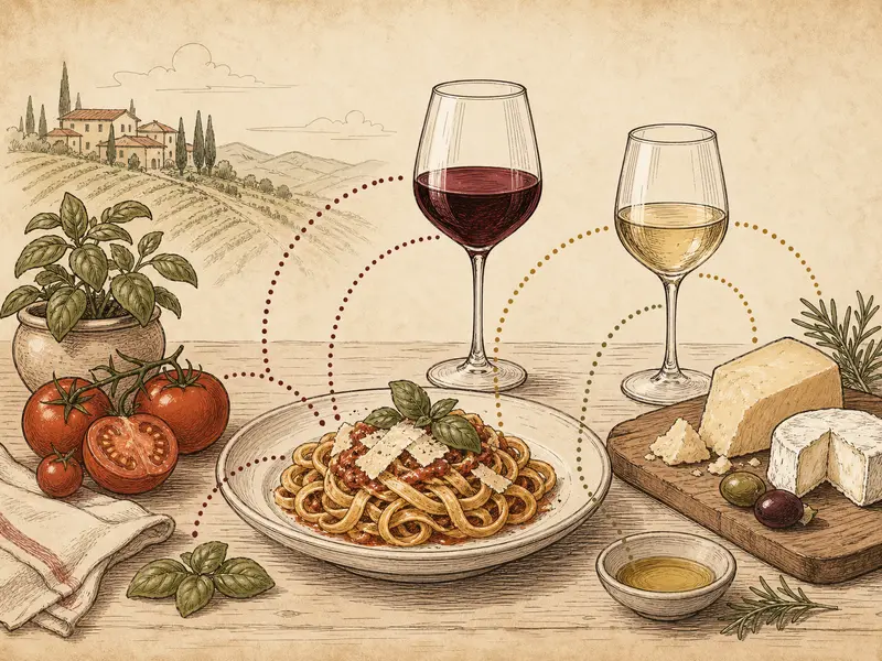 Italian food and wine pairing table with dotted guide arcs