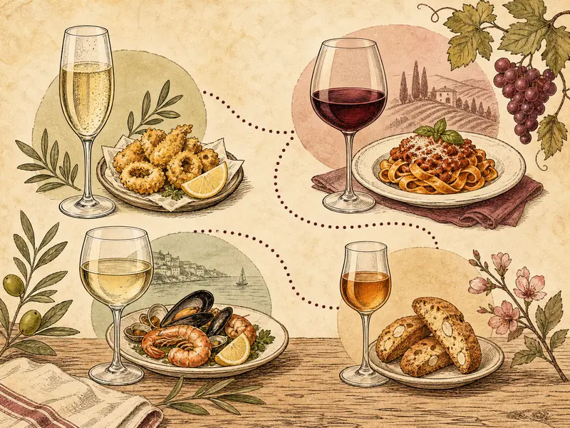 Multiple Italian food and wine pairing vignettes