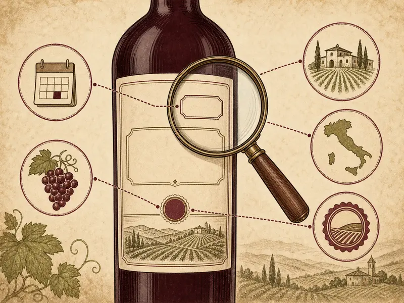 Wine bottle label details examined with a magnifying glass