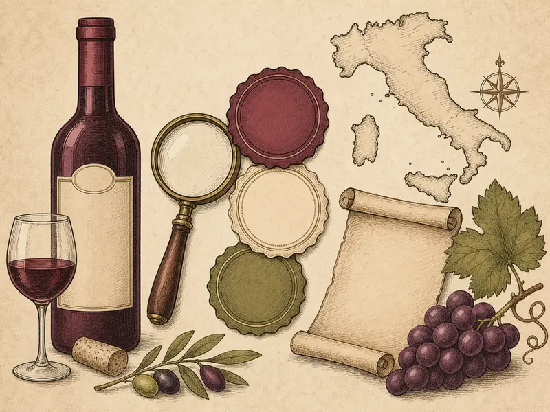 Italian wine classification guide with bottle, seals, scroll, and map