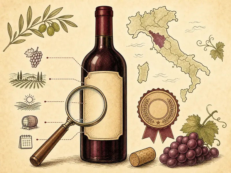 Italian wine bottle label guide with map, seal, and magnifying glass