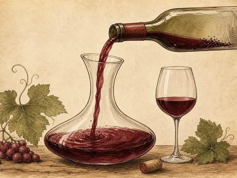 Red wine poured from bottle into a decanter