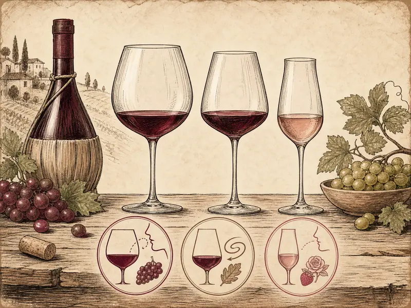 Different wine glass shapes with bottle and grapes