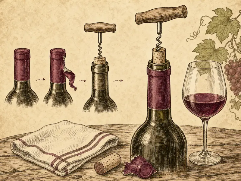 Corkscrew opening a wine bottle on a rustic table