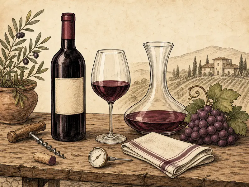Wine serving setup with bottle, glass, decanter, and corkscrew