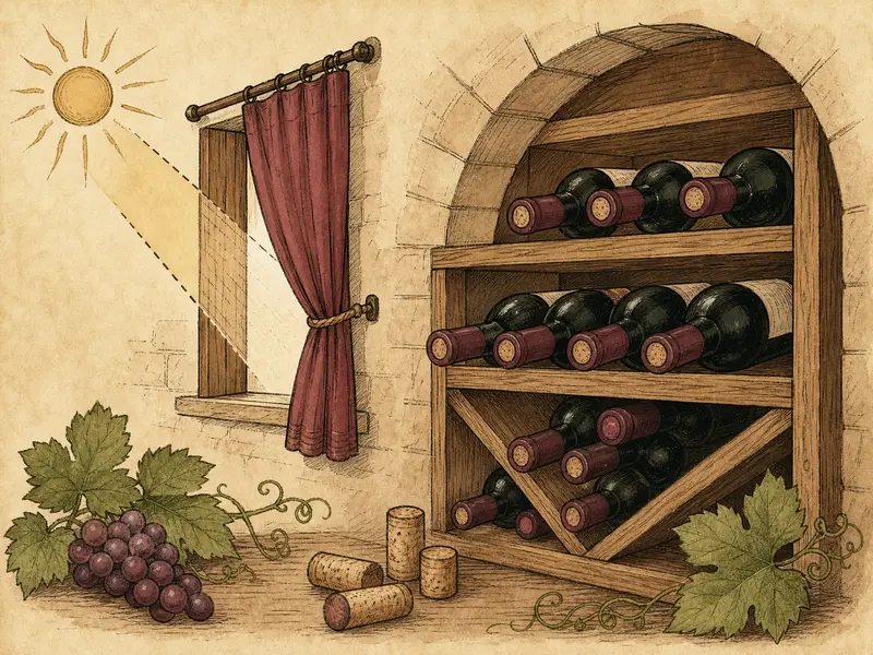 Wine bottles protected from sunlight in a shaded cellar