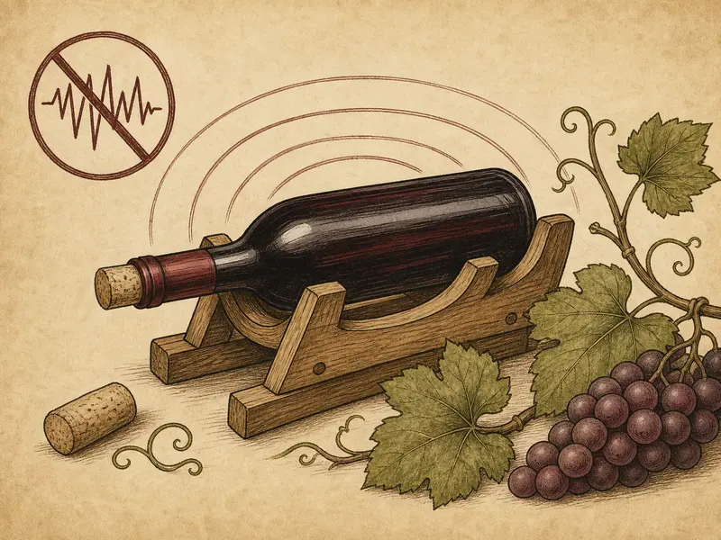 Reclined wine bottle stored still in a wooden rack