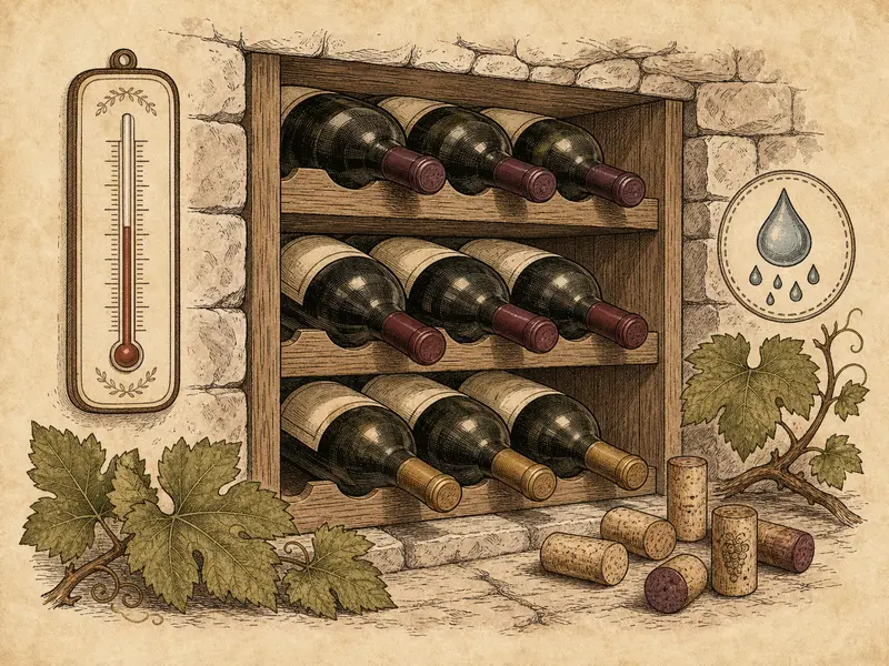 Cellar wine bottles with thermometer and humidity droplet