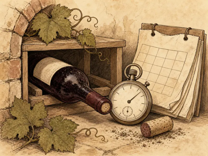Wine bottle in cellar rack with stopwatch and calendar