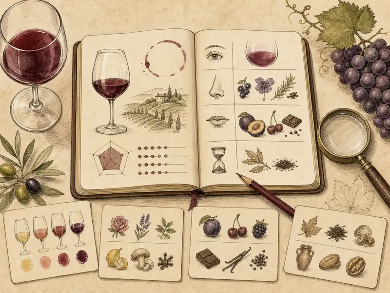 Wine tasting notebook with glass, grapes, and analysis tools
