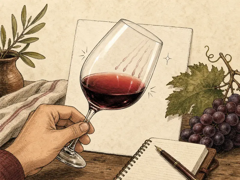 Tilted red wine glass used to judge colour, clarity, and legs