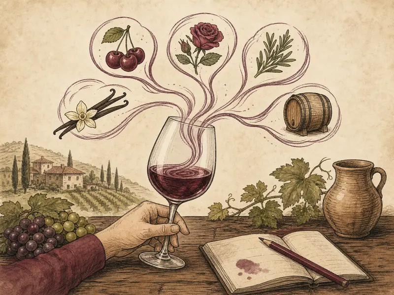 Wine glass with aroma icons for smelling Italian wine