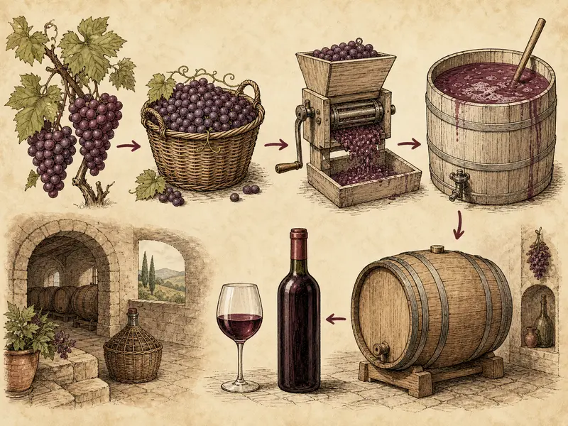 Wine making sequence with grapes, vat, barrel, bottle, and glass
