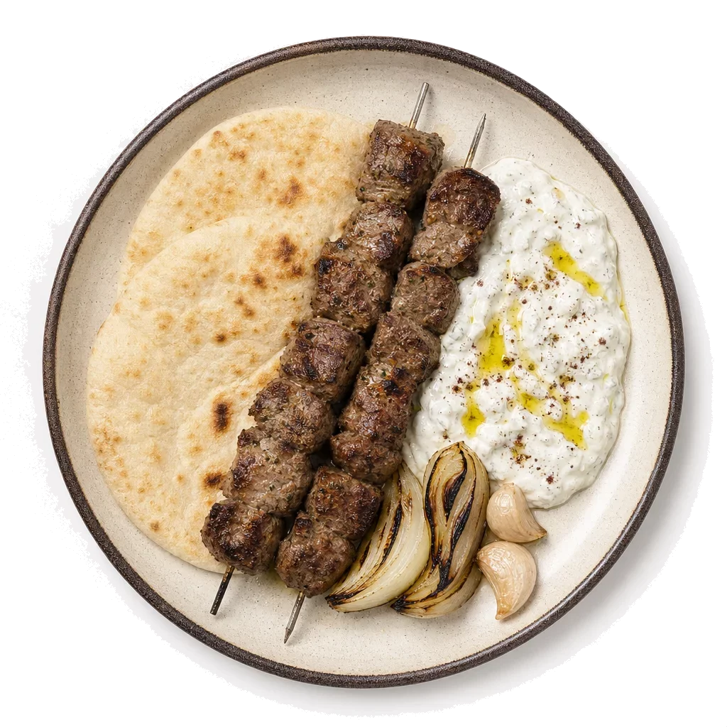 Lamb Kebab on neutral plate, Lebanese cuisine