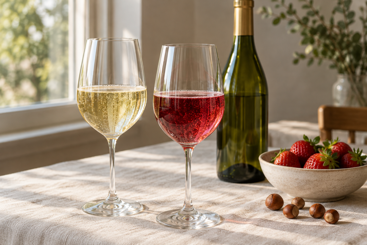 A glass of pale, lightly fizzy Moscato d'Asti and a glass of pink Brachetto d'Acqui on a linen tablecloth, with strawberries and hazelnuts