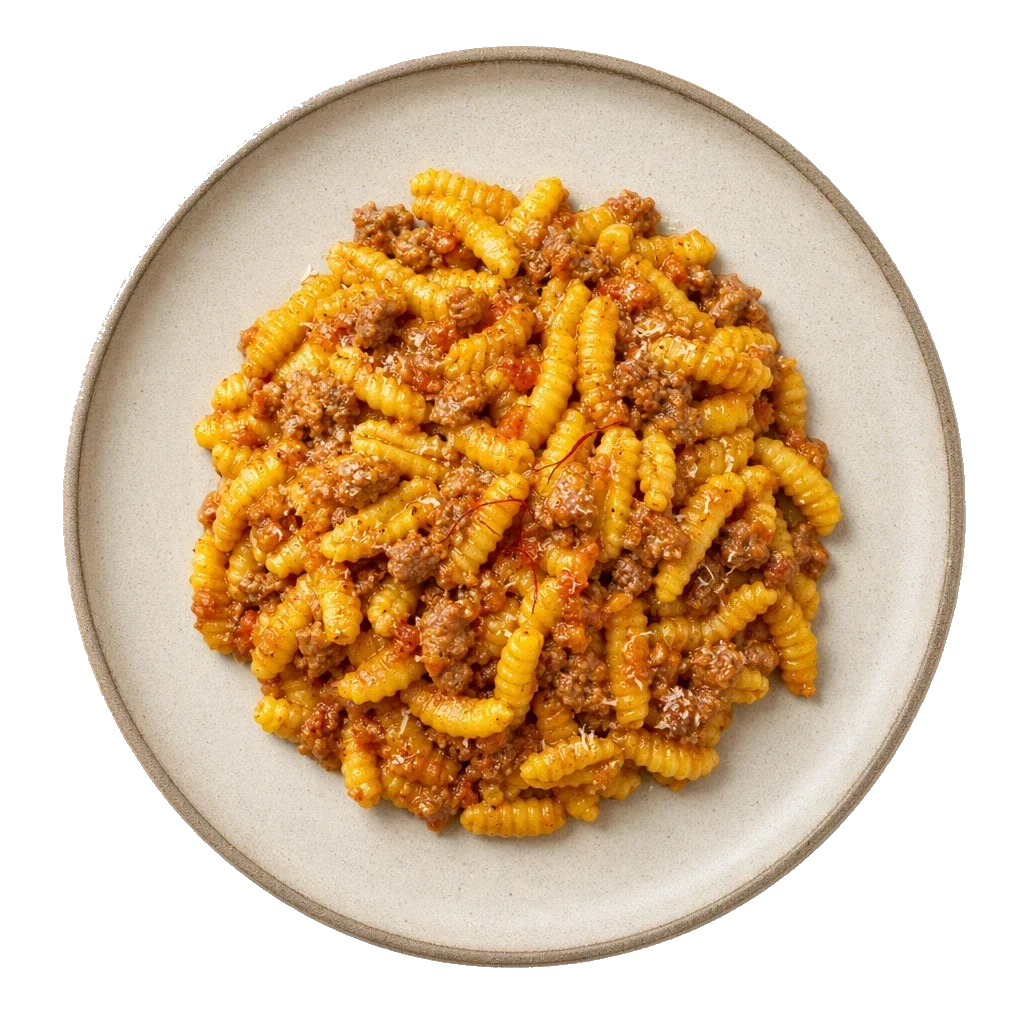 Malloreddus alla Campidanese on stoneware bowl with Malloreddus, Olive Oil, Onion