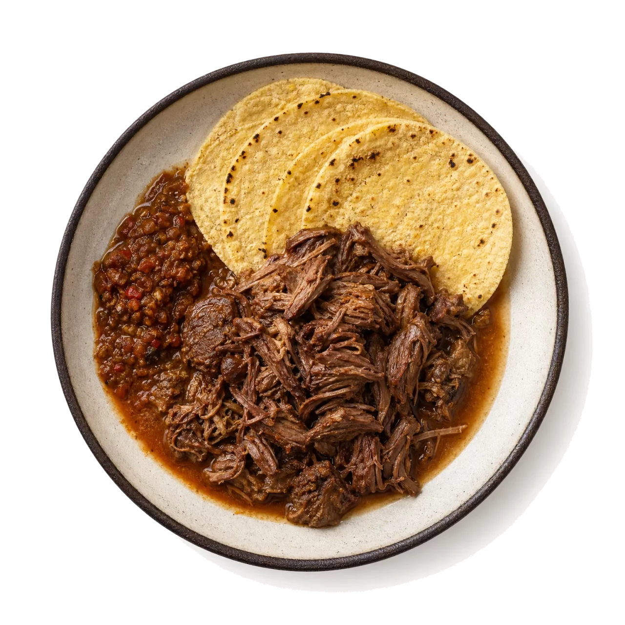 Barbacoa plated with beef, lamb, chili