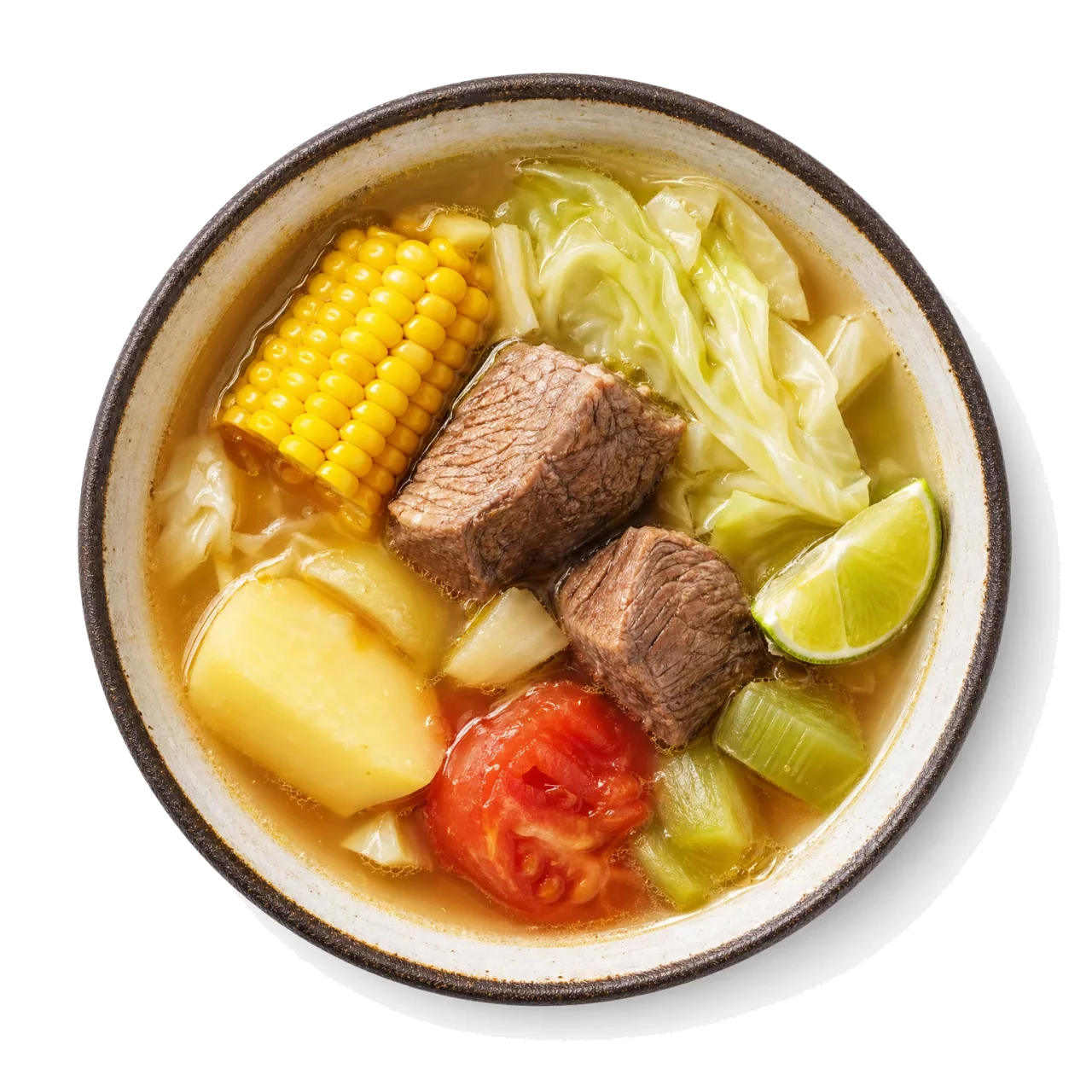 Caldo de Res plated with beef, corn, cabbage