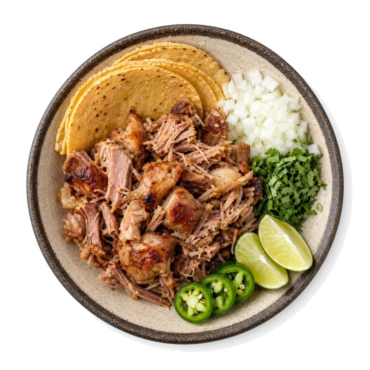 Carnitas plated with pork, lard, corn tortilla