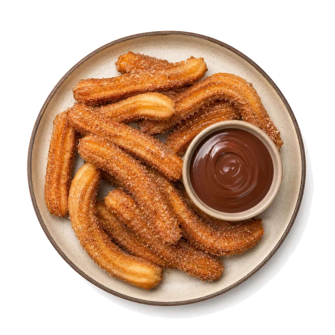Churros plated with flour, sugar, cinnamon