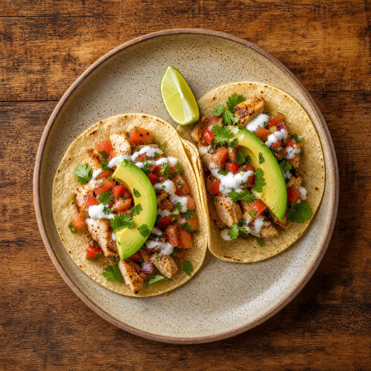 Mexican chicken tacos with avocado, pico de gallo and lime on a wooden table