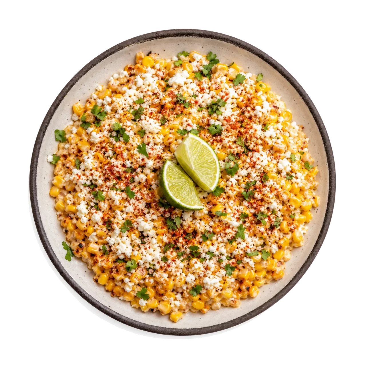 Elote plated with corn, cream, queso fresco