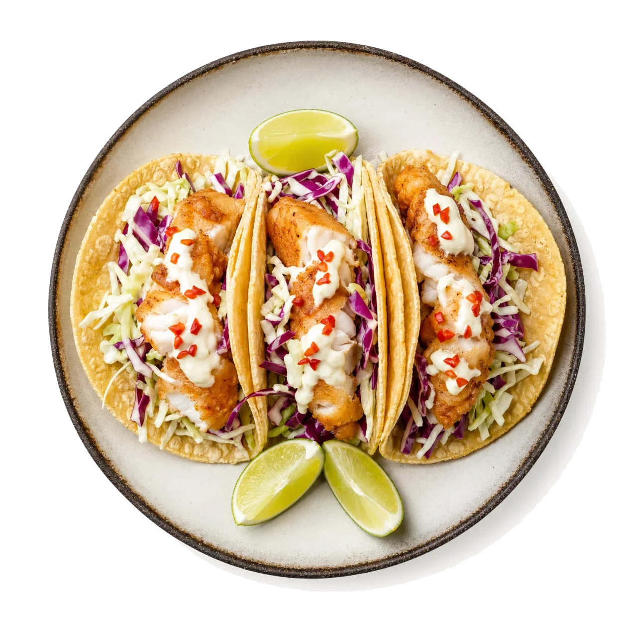 Fish Tacos plated with cod, corn tortilla, cabbage