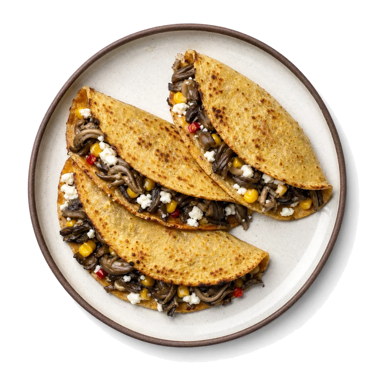 Huitlacoche Quesadillas plated with corn tortilla, queso fresco, straw mushroom