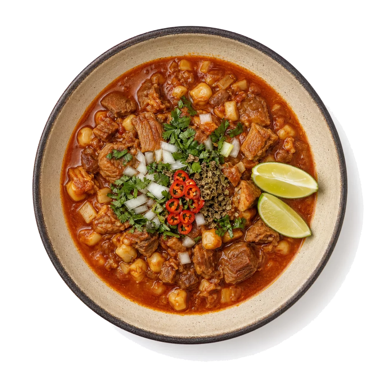 Menudo plated with beef, chili, oregano