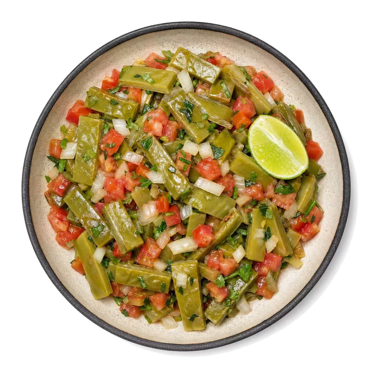 Nopales plated with nopales, tomato, onion