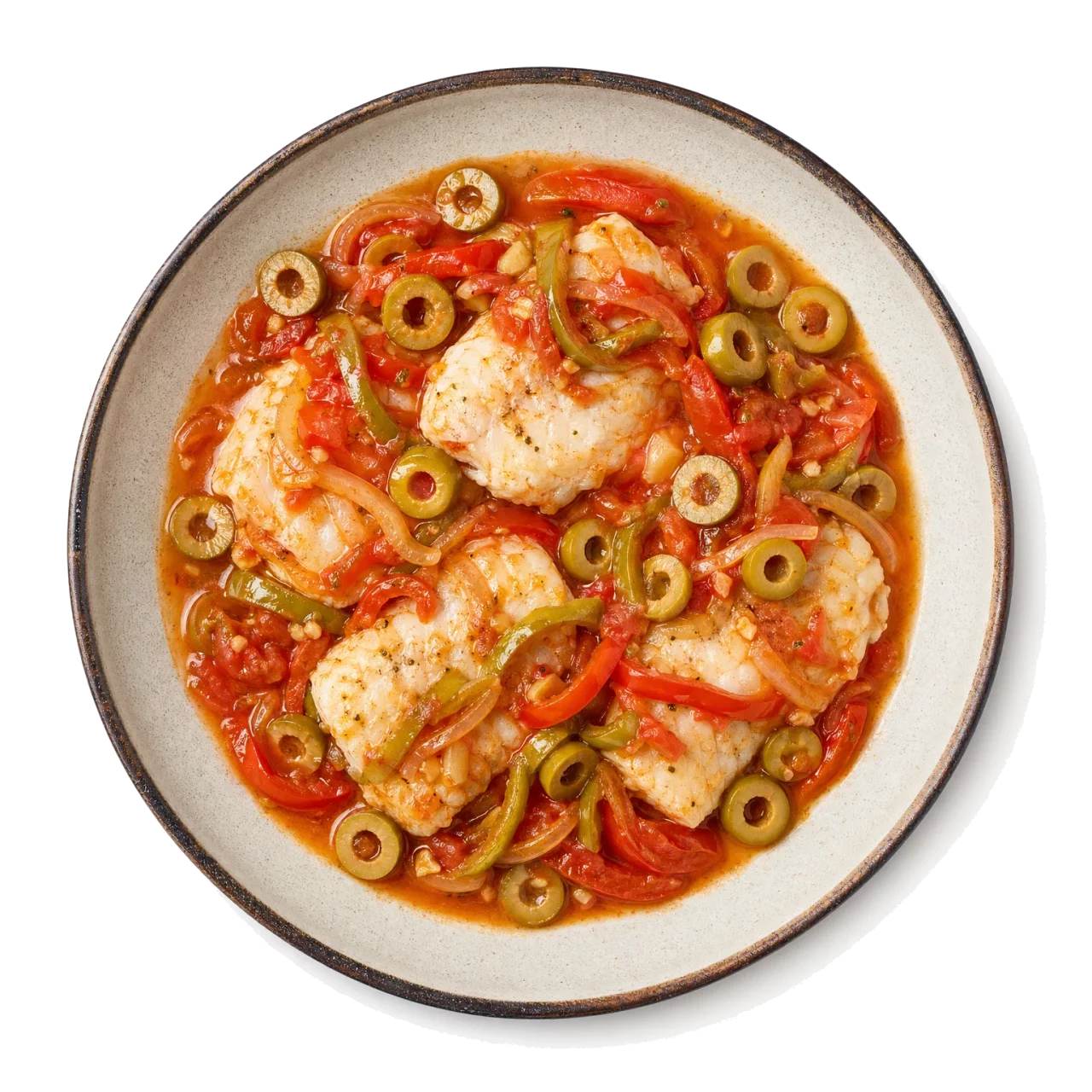 Pescado a la Veracruzana plated with cod, tomato, olive