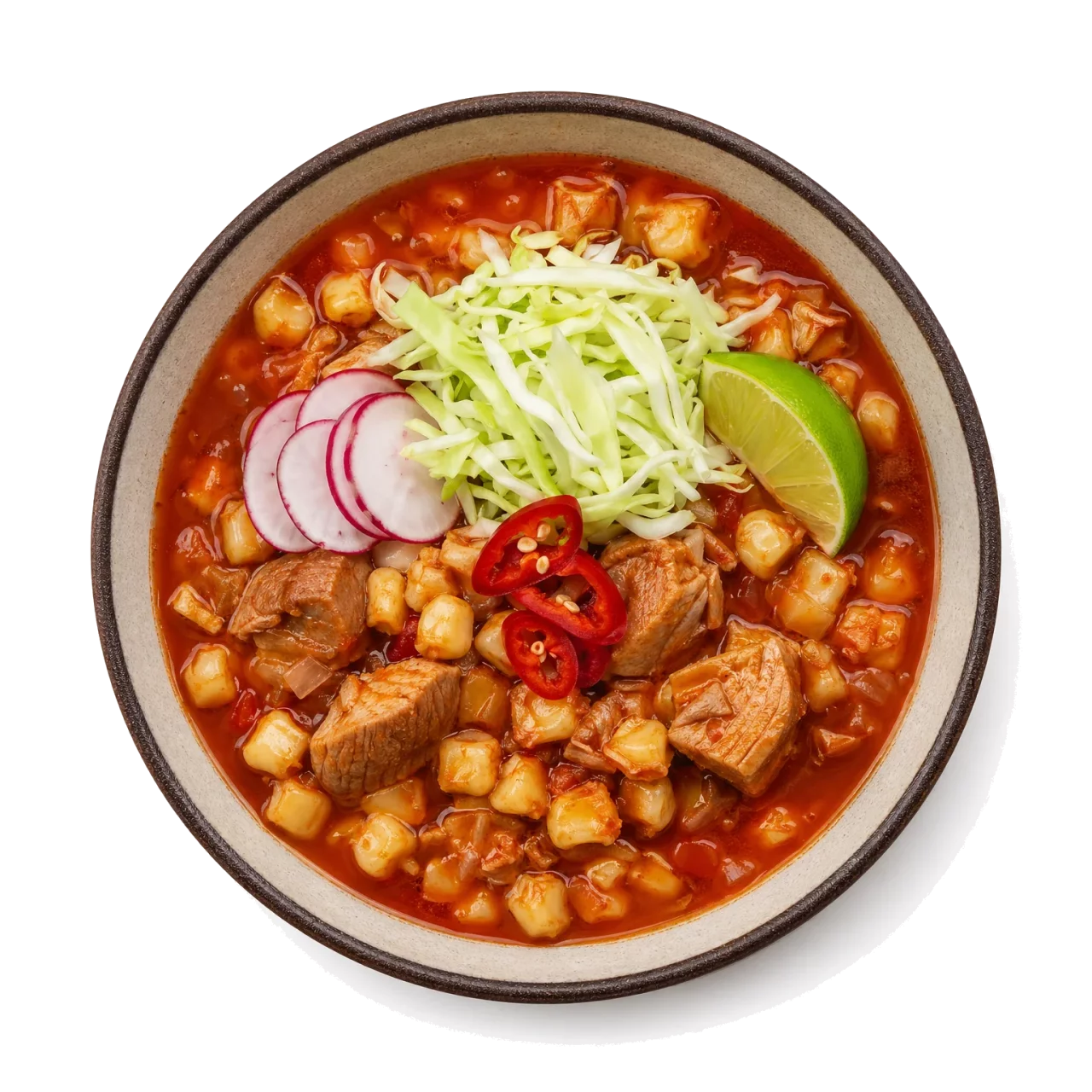 Pozole plated with corn, pork, cabbage