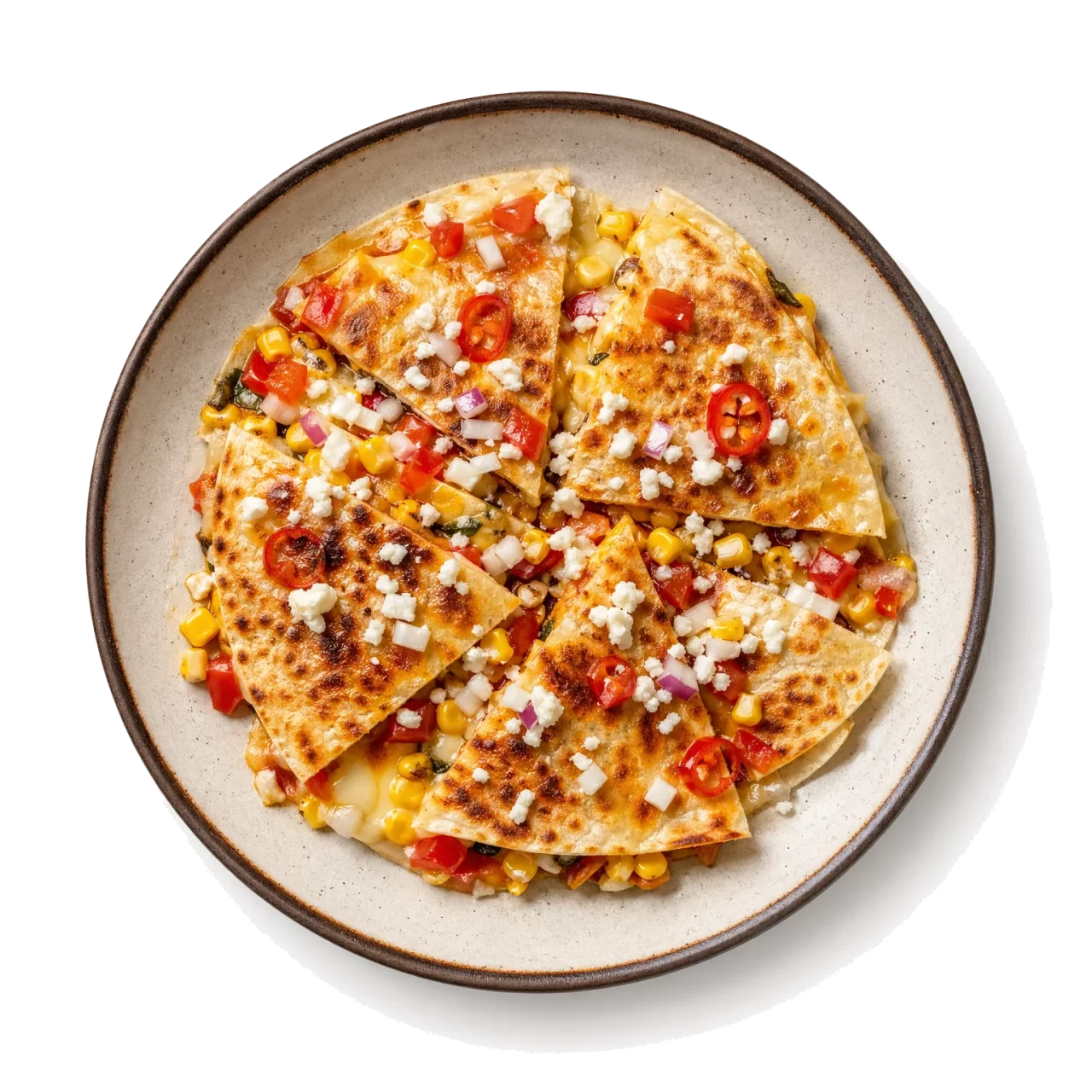 Quesadillas plated with corn tortilla, queso fresco, chili