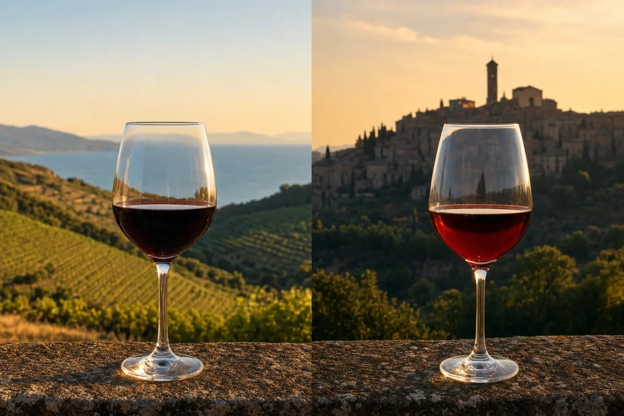 Two glasses of red wine, one before Abruzzo vineyard hills, one before a Tuscan hilltop town