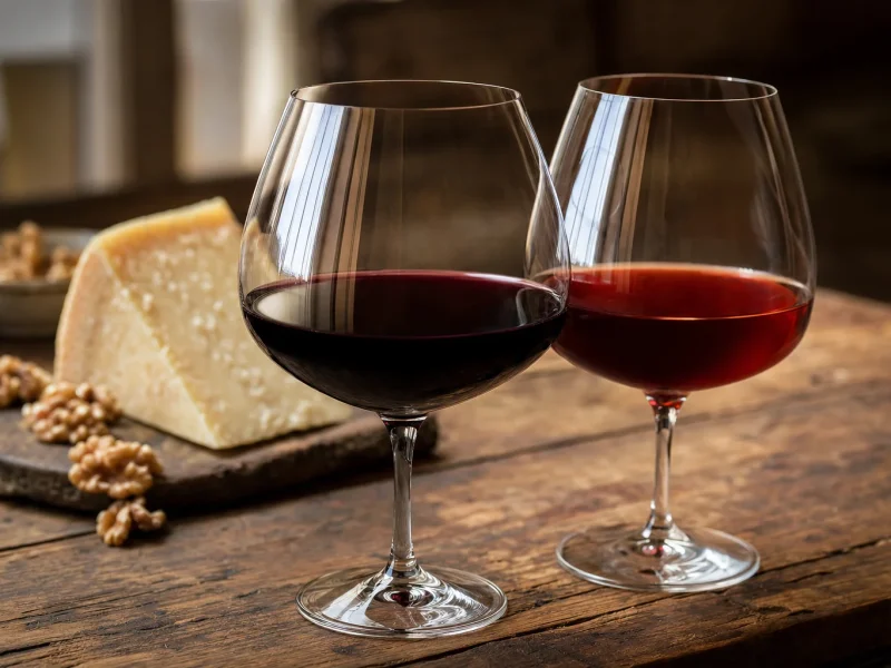 Deep ruby Montepulciano d'Abruzzo beside paler garnet Vino Nobile in two glasses