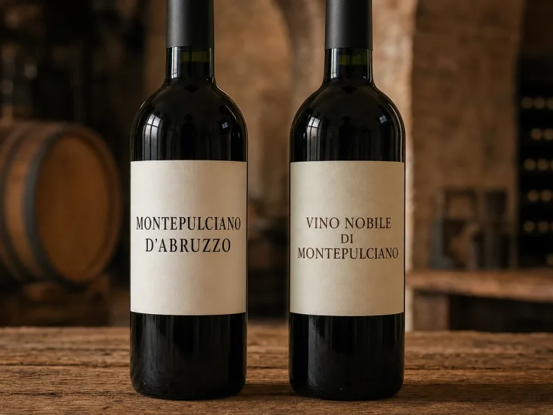 Bottles of Montepulciano d'Abruzzo and Vino Nobile di Montepulciano side by side on a table