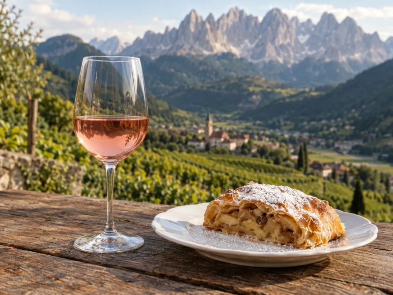 A glass of pale pink Moscato Rosa beside a slice of apple strudel on an Alto Adige wooden table