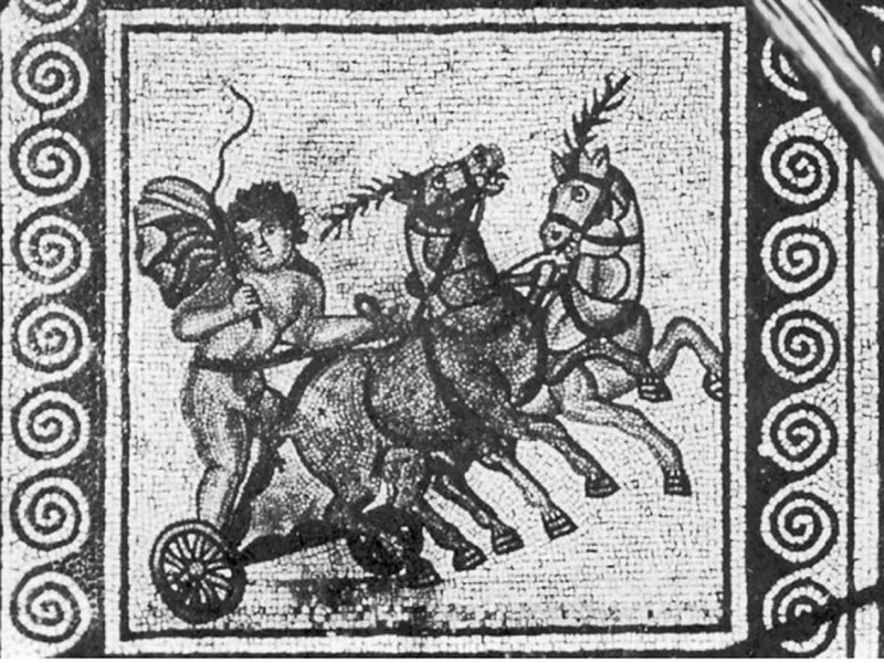 The Roman mosaic of a cherub driving a chariot, found under vines at Negrar in 1887