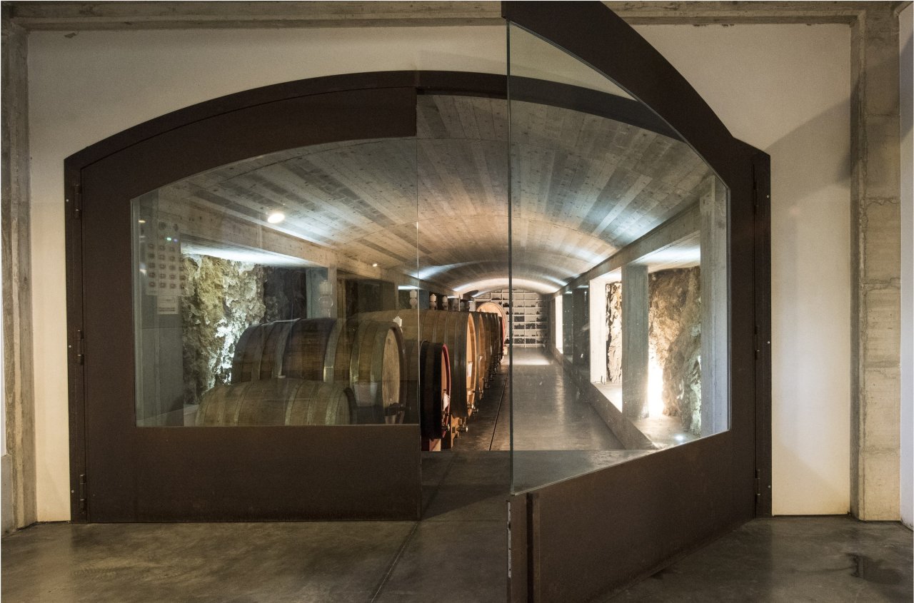 Large oak casks in a long vaulted cellar at Arianna Occhipinti's winery, seen through a glass door